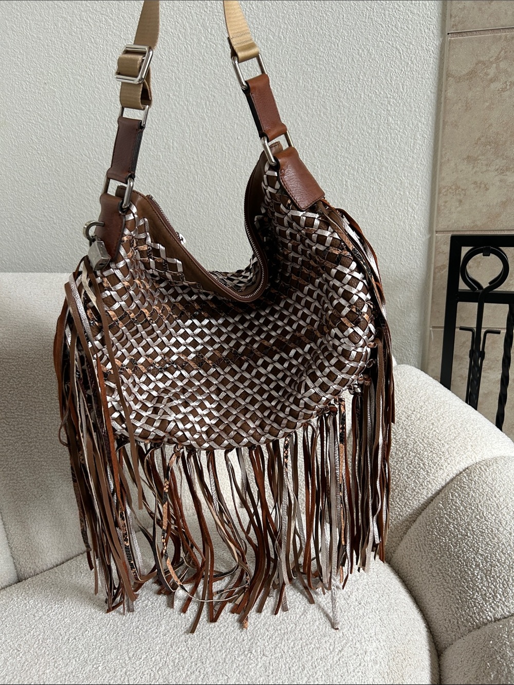 Marc Jacobs Woven Leather Fringe Shoulder Bag in Brown and Cream